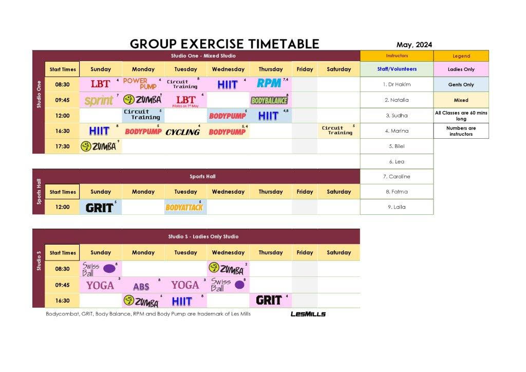 Gym Schedule May 2024